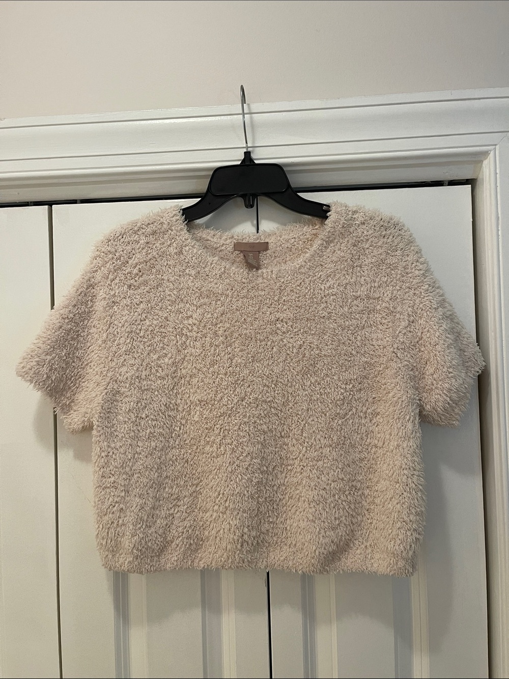 H&M Soft Fuzzy Short-Sleeve Crop Top in Light Beige